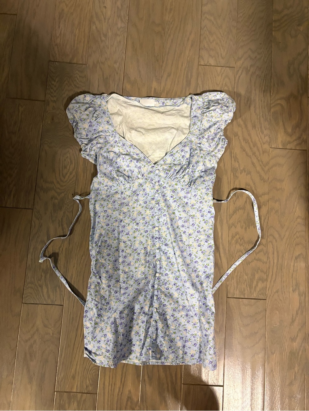 Boyish Light Blue Floral Dress with Puff Sleeves